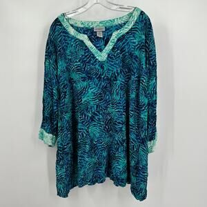 Catherines Womens‎ Pullover Top Size 4X Blue V Neck 3/4 Sleeve Abstract Casual